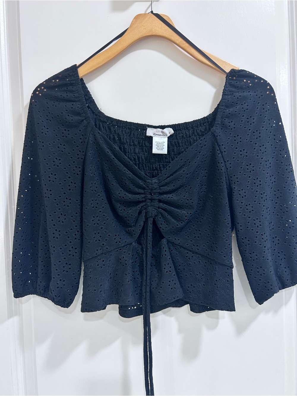 URBAN Romantics Black Eyelet Ruched Drawstring Blouse